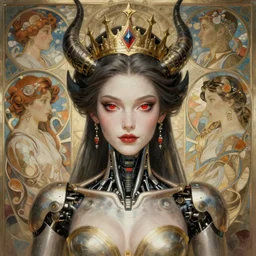 concept art by artgerm, super attractive i robot demon queen with crown and red eyes, soft natural light, intricate, elegant, highly detailed, digital painting, artstation, concept art, smooth, sharp focus, illustration, art by by gaston bussiere and greg rutkowski and alphonse mucha and uang guangjian and gil elvgren, symmetry!!