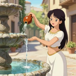 anime girl in a greek attire pouring water out of a gourd into a fountain, spanish alleyway