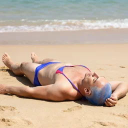 benjamin netanyahu lying on the beach wearing a bikini, rich vivid colors, vibrant, warm, sharp focus, highly detailed