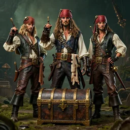 steampunk pirates standing around a treasure chest ,highly detailed, 4k, HDR, award-winning, artstation, octane render