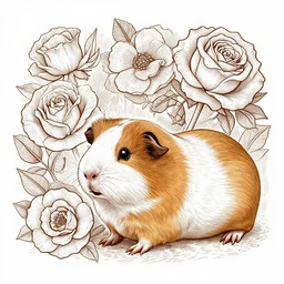 detailed etching line art, flowers and roses, side view of guinea pig