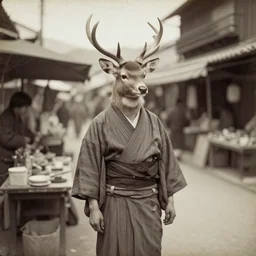 1 8 th century japanese street market in kyoto 1 9 0 0 s early photography portrait anthro anthropomorphic deer head animal person fursona wearing clothes street trader