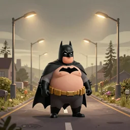 a study of cell shaded cartoon of an obese Batman on a country road, street lamps, road, illustration, wide shot, subtle colors, post grunge, concept art by josan gonzales and wlop, by james jean, Victo ngai, David Rubín, Mike Mignola, Laurie Greasley, highly detailed, sharp focus, Trending on Artstation, HQ, deviantart, art by artgem