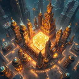 futuristic indian metropolis, highly detailed crystal and gemstone relics, gold relics, digital painting, solid cube of light, hard edges, artstation, sharp focus, illustration, 8 k highly detailed aerial view