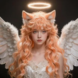 Portrait of a girl angel with pale orange colored fuzzy frizzy hair, cat ears on her head, glowing halo, wings on her back, fantasy, intricate, elegant, highly detailed, digital painting, artstation, concept art, smooth, sharp focus, illustration, art by Krenz Cushart and Artem Demura and alphonse mucha