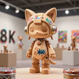 8 k octan, advertising, highly detailed, photo, a totally wooden figurine collectible tin toys art toys wooden on feet, very cute fairy cyborg zen, with cat ears, cyberpunk, graffiti ratio, design, showroom dealership indoor display convention exhibition a contemporary art gallery masterpiece - a k _ dpm _ 2