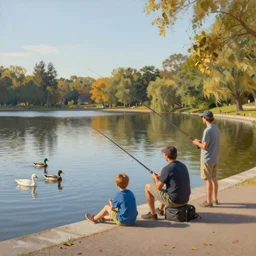 two men and a boy fishing at the water's concrete edge at prospect park pond, ducks and swans are out in the water, clear sky, summer, golden hour, oil painting,