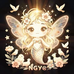 magical illustration of ethereal fantasy creature, beautiful fairie, mermaid, female portrait with flowers, whimsical big - eyed character accompanied by animals and birds, svg, vector