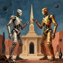 Two extremely tall mechanical beings in a deep conversation. Temple of the new gods. Dali. Yves Tanguy.