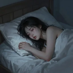 digital painting of an anxious sleepless beautiful girl on bed having a nightmare