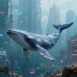 A realistic photo of futuristic whales floating in a cyberpunk city