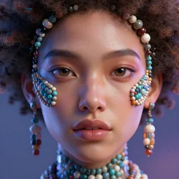 a close up of a woman's face with beads on it, cyberpunk art by mike winkelmann, cgsociety, afrofuturism, rendered in cinema 4 d, daz 3 d, zbrush