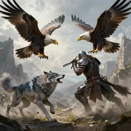 epic battle of wolf and eagle in the style by ricardo ow, digital art, highly detailed, fantasy