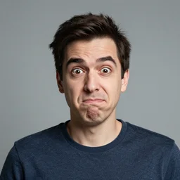 a skeptical man, exaggerated expression, photo, studio lighting
