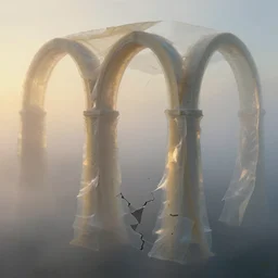7 0 mm photograph of vellum and mesoglea - translucent layers ambiently occluding and striating, forming a detailed sculptural recreation of the arches from roger dean's paintings emerging from the mist, cracking into smooth floating pieces dappled in polarized sunrise light, cinematic, 8 k