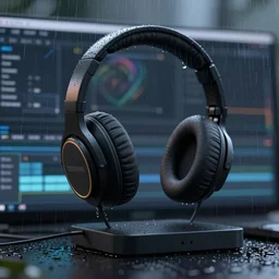 lofi, rainy day, mood, headphones, octane render, light leaks 4k premiere pro, hyper realistic