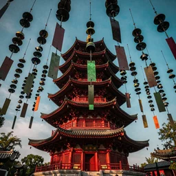 pagoda with a lot of wind chimes, digital art, vibrant reds and greens