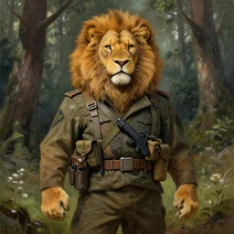 anthropomorphic furry lion soldier wearing modern military gear in a forest, character design, painting by gaston bussiere, craig mullins, j. c. leyendecker, tom of finland