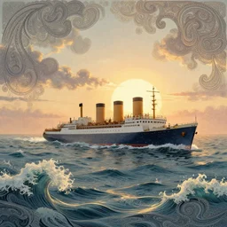 [ palate ] [ muted colors ] crazy psychedelic ocean waves, steamship crossing the ocean, paisley swirls and ripples, backlit, sunset, refracted lighting, outdoors, paisley clouds in the sky, elegant, 8 k resolution, intricate and fine details, digital painting, artstation, illustration, greg rutkowski, alphonse mucha