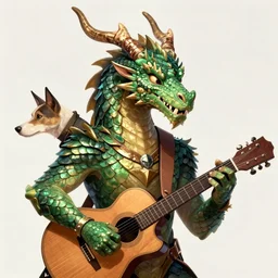 dragonborn ; fantasy race ; human with dragon head ; green bronze scales ; kind ; friendly face ; musician ; holding a guitar ; dog head ; dnd