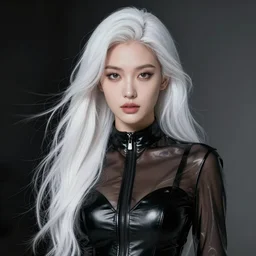 portrait of a woman wearing shiny black transparent leather suit, english face, refined features, moon goddess, long snow - white hair by jean gerome, edward hopper and james jean, hyper detail, 8 k, high resolution, ultra detailed