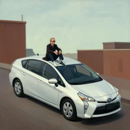 larry david sitting on roof of 2 0 0 9 prius, dutch angle, edward hopper painting
