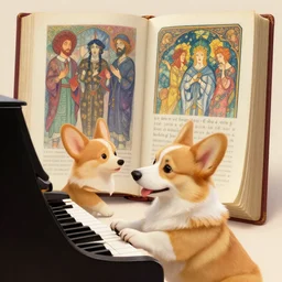 a corgi playing a piano in front of the holy bible in the style of ruan jia and artgerm and edgar maxence and ross tran and michael whelan and mucha, 8 k, octane render