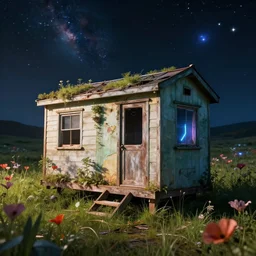 a beautiful photorealistic highly detailed tiny home abandoned by thomas cole, alien at night dramatic lighting nightvision poppy water sunlight cosmic retrowave meadow tron nature, archdaily, wallpaper, highly detailed, trending on artstation.