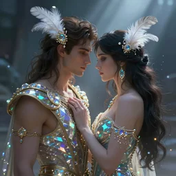 roman and gypsy culture crossover, male and female, iridescent and opalescent, twilight, refractive crystal, elegant, feather hair ornaments, highly detailed, digital painting, glowing particles, misty, cinematic lighting, god rays, smooth, sharp focus, art by nixeu, by wlop, by alphonse mucha.