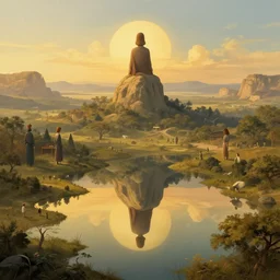 symmetry!! god overlooking a surreal landscape of a dream, lucid dream, people, very detailed, serene, peaceful, golden hour, perfect lighting, perfect composition, digital art, illustration, rene magritte, 4 k