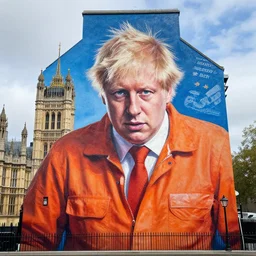 photograph of a mural, depicting boris johnson in an orange jumpsuit, painted covering every square inch of the palace of westminster