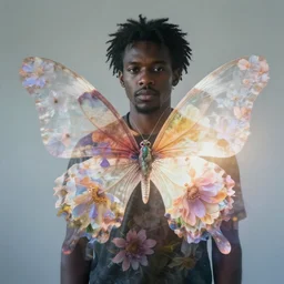 double exposure photograph of a black man and dreamy flowers in volumetric lighting, light leaks, intricate, highly detailed flower wings