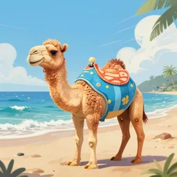 a happy camel in a swimming suit!!!! on the beach, highly detailed digital painting