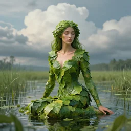 a beautiful portrait of a water nymph with a dress cover her whole body made out of leaves sitting in a swamp landscape, artstation, majestic clouds,