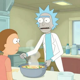 pickle rick from rick and morty tv show, pickle rick serving in a soup kitchen, detailed portrait, matte painting, serving soup