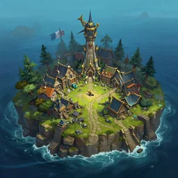 ultra realistic illustration, village on lone island in the ocean, rich contrast of colors, league of legends artwork
