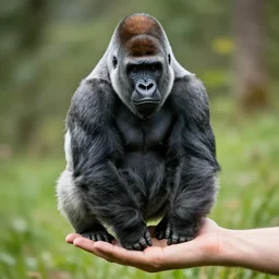 silverback gorilla sitting in the palm of a human's hand