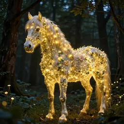 a stunning horse made of fireflies with a thick mane of bioluminescent vines and flowers running through the woods by greg rutkowski, high key lighting, volumetric light, digital art, highly detailed, fine detail, intricate, ornate, complex, octane render, unreal engine, photorealistic