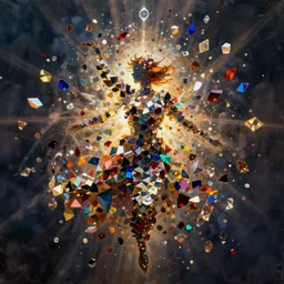 a swarm of multi coloured shards in the shape of a person