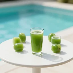 5 5 mm photo of glass of greenjuice on a zen minimalist round white table with gorgeous pool in the background. highly detailed 8 k. intricate. lifelike. soft light,