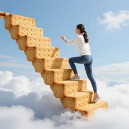 photo of a woman climbing stairs made of cookies in the clouds