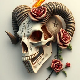 3 d classical japanese art close - up swirly human skull, skeleton ram skull portrait, necronomicon, rose, flame, highly detailed. by nastplas, hanna jaeun, jana heidersdorf, natalia evelyn bencicova
