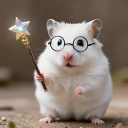 white hamster holding a magic wand with iridescent lights with harry potter hair and round glasses