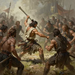 a peasant fighting with a quarterstaff against a dozen enemies. intricate, elegant, highly detailed, digital painting, artstation, concept art, sharp focus, illustration, by justin gerard and artgerm, 8 k
