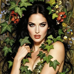 closeup portrait of poison ivy megan fox, beautiful succubus, intricate, flowers, hyperrealism, intense, dmt, artgerm, moebius, glamour pose, arney freytag, greg rutkowski, maxfield parrish, dan mumford, moebius, alphonse mucha