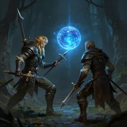 an elf ranger with weapons drawn facing a glowing blue orb, fantasy concept art, trending on artstation, video game concept art, highly detailed, cinematic lighting, digital art, dark fantasy