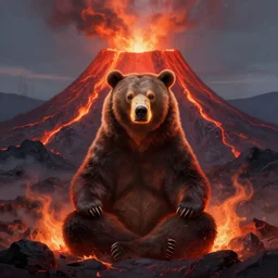 a bear with a glowing head meditating inside an active volcano, digital painting, detailed, trending in cgsociety
