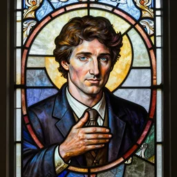 stained glass window, portrait of justin trudeau touching god's hand, detailed and masterful, intricate, elegant, highly detailed, centered, artstation, smooth, sharp focus, octane render