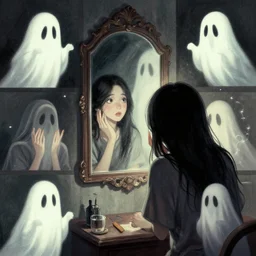 a person which is looking in the mirror is haunted by a friendly ghost, extremely detailed multiple unique different art styles.