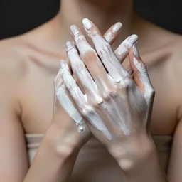 beautiful hands, fingers intertwined, covered in white paint, dripping paint, shoulders, skin